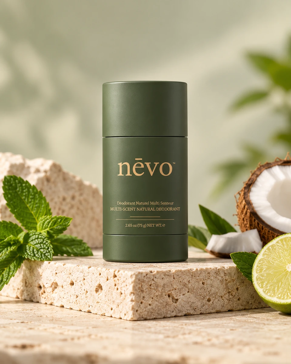 Editorial visualization of nēvo deodorant on a stone pedestal